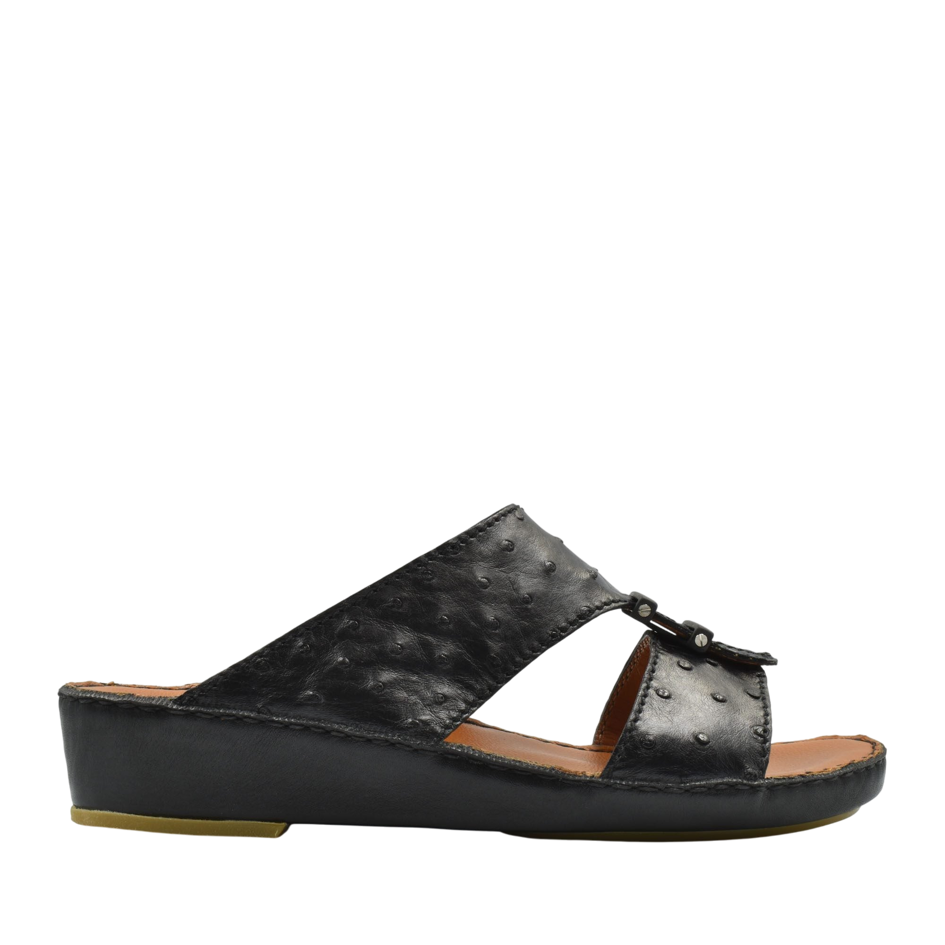Black luxury ostrich sandals with wedge sole and open toe design from Private collection