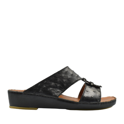 Black luxury ostrich sandals with wedge sole and open toe design from Private collection