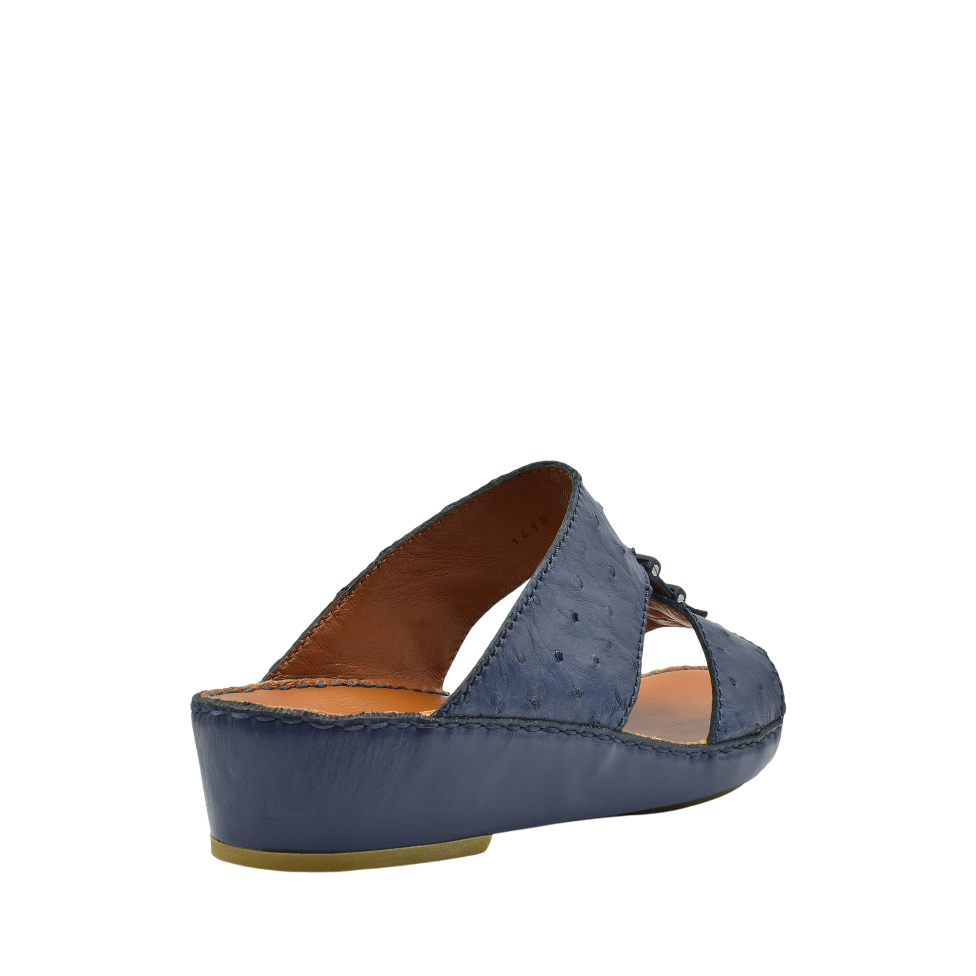 Blue luxury ostrich sandals with open toe and low wedge heel from Private collection