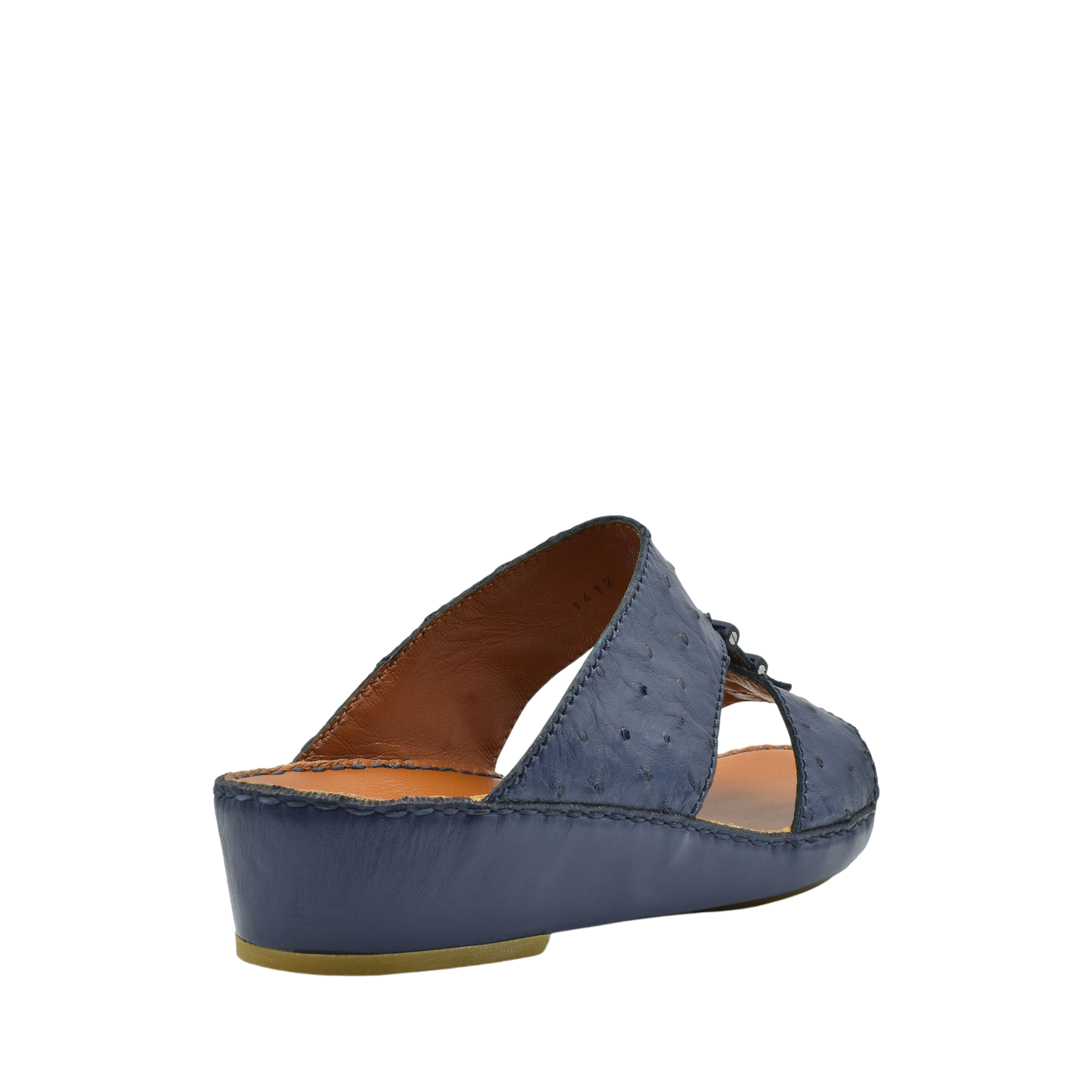 Blue luxury ostrich sandals with open toe and low wedge heel from Private collection