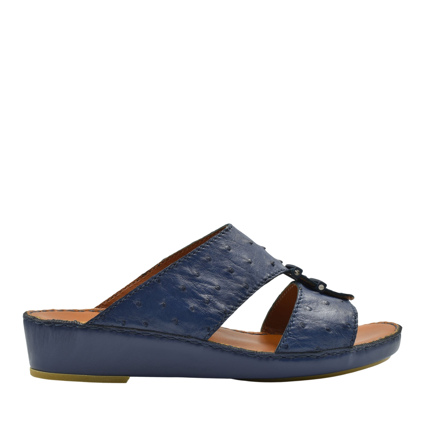 Navy blue luxury ostrich sandals with open toe and low wedge heel from Private collection