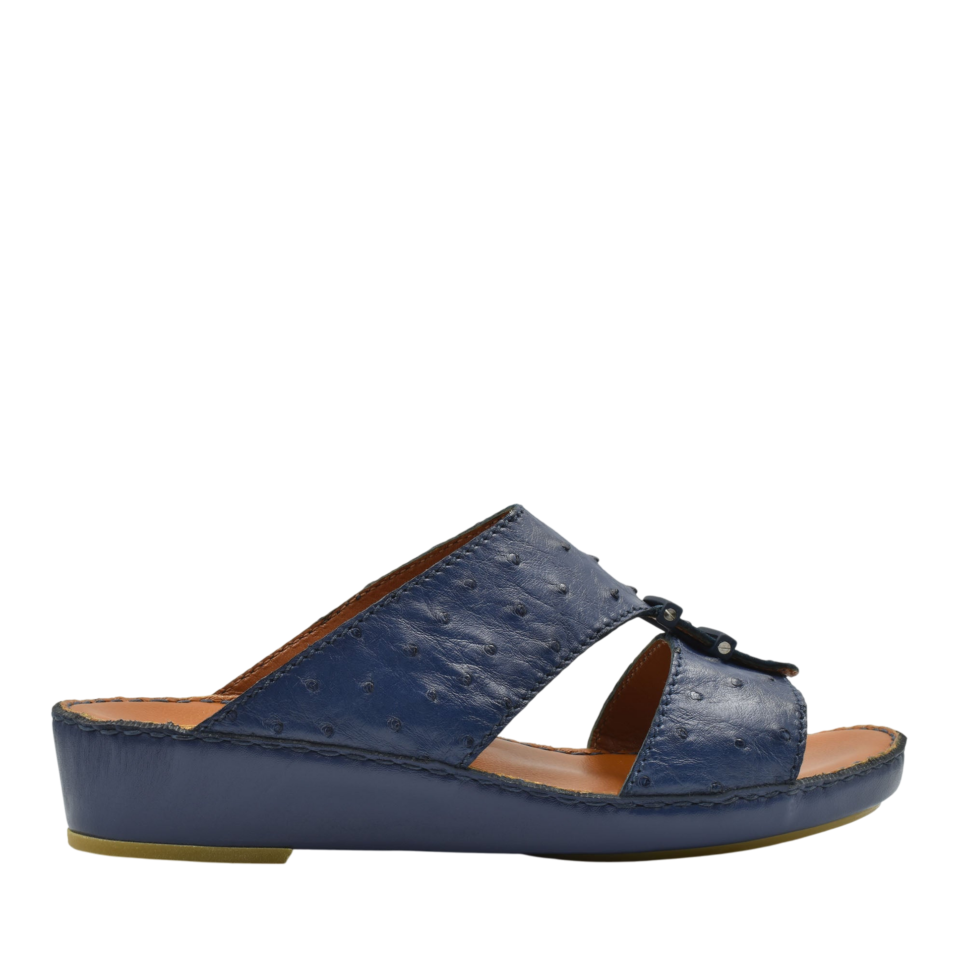 Navy blue luxury ostrich sandals with open toe and low wedge heel from Private collection