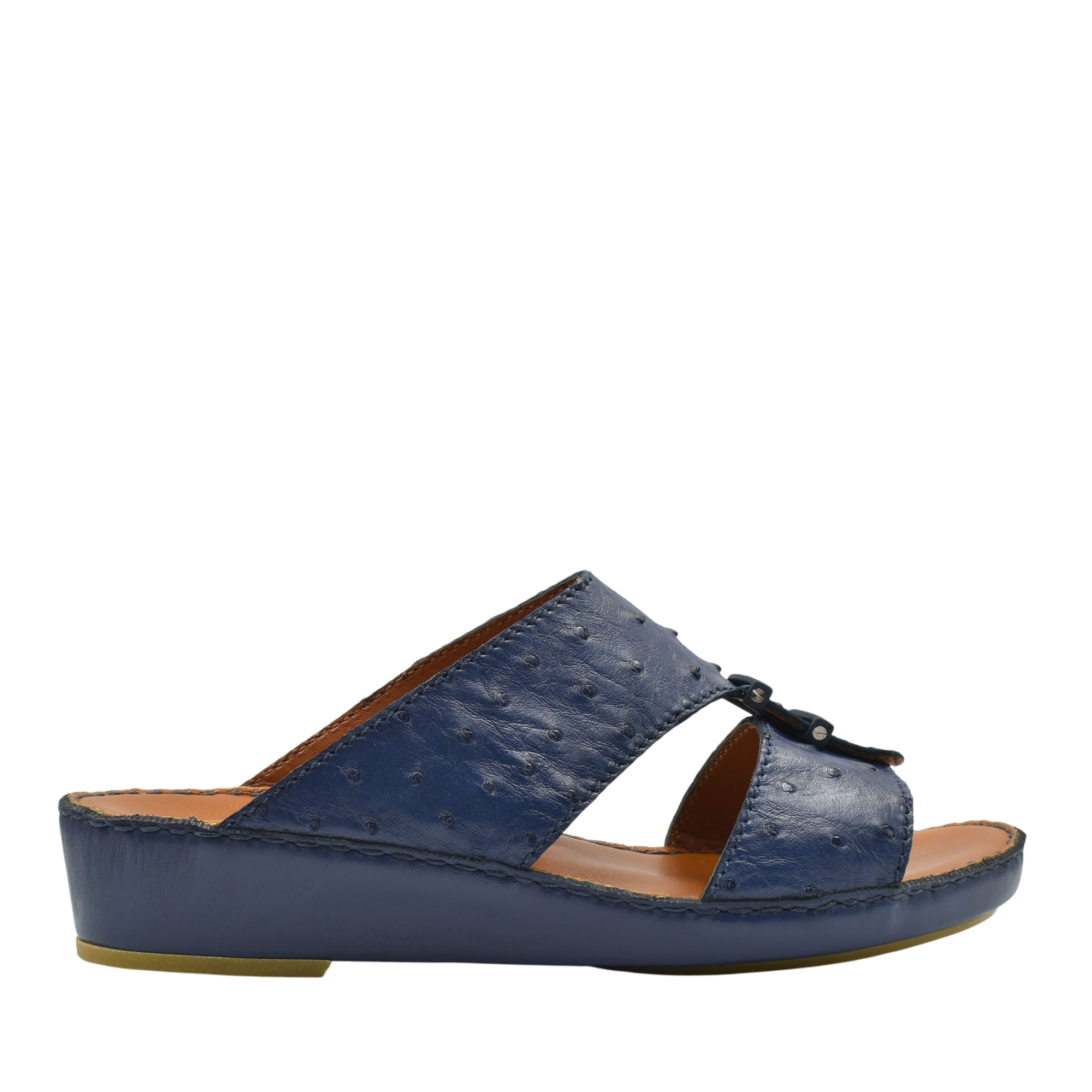 Navy blue luxury ostrich sandals with open toe and low wedge heel from Private collection