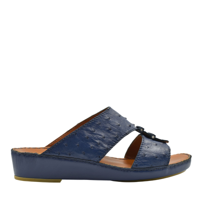 Navy blue luxury ostrich sandals with open toe and low wedge heel from Private collection