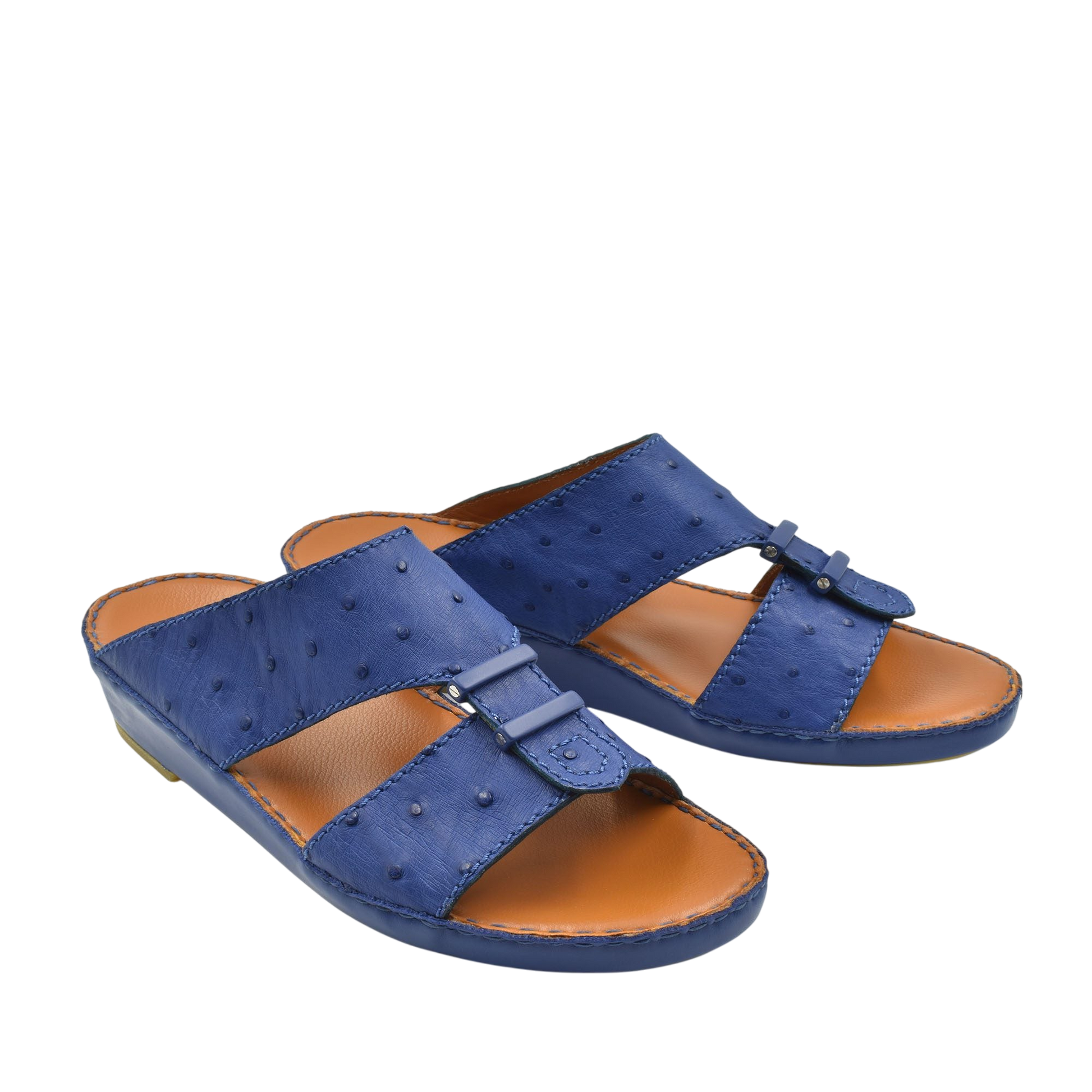 Blue luxury ostrich sandals with open toe and textured leather from Private Collection
