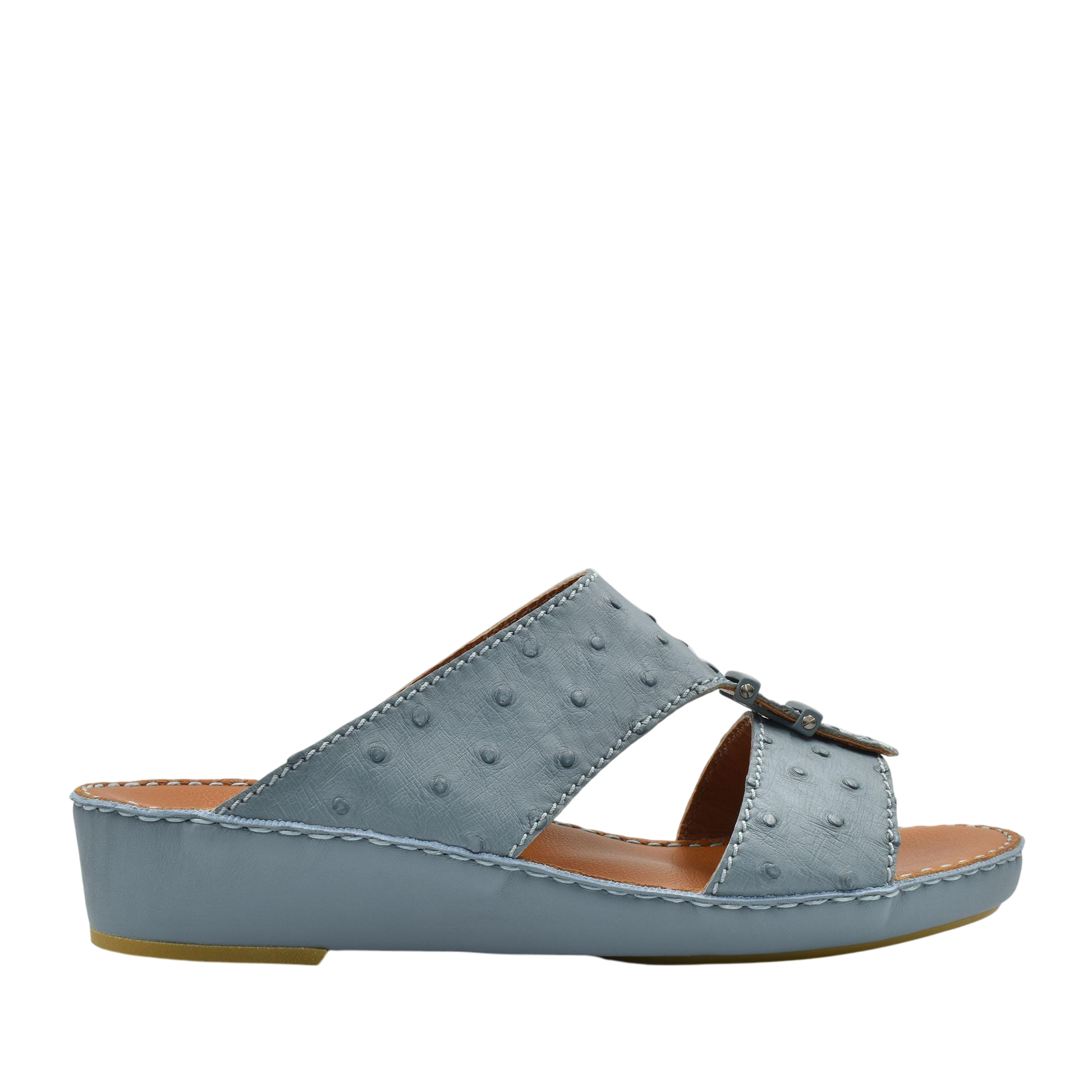 Blue luxury ostrich sandals with wedge heel and open toe design from Private Collection