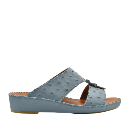Blue luxury ostrich sandals with wedge heel and open toe design from Private Collection