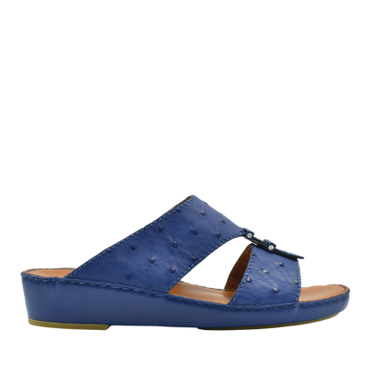 Blue luxury ostrich sandals with open toe and low wedge heel from private collection
