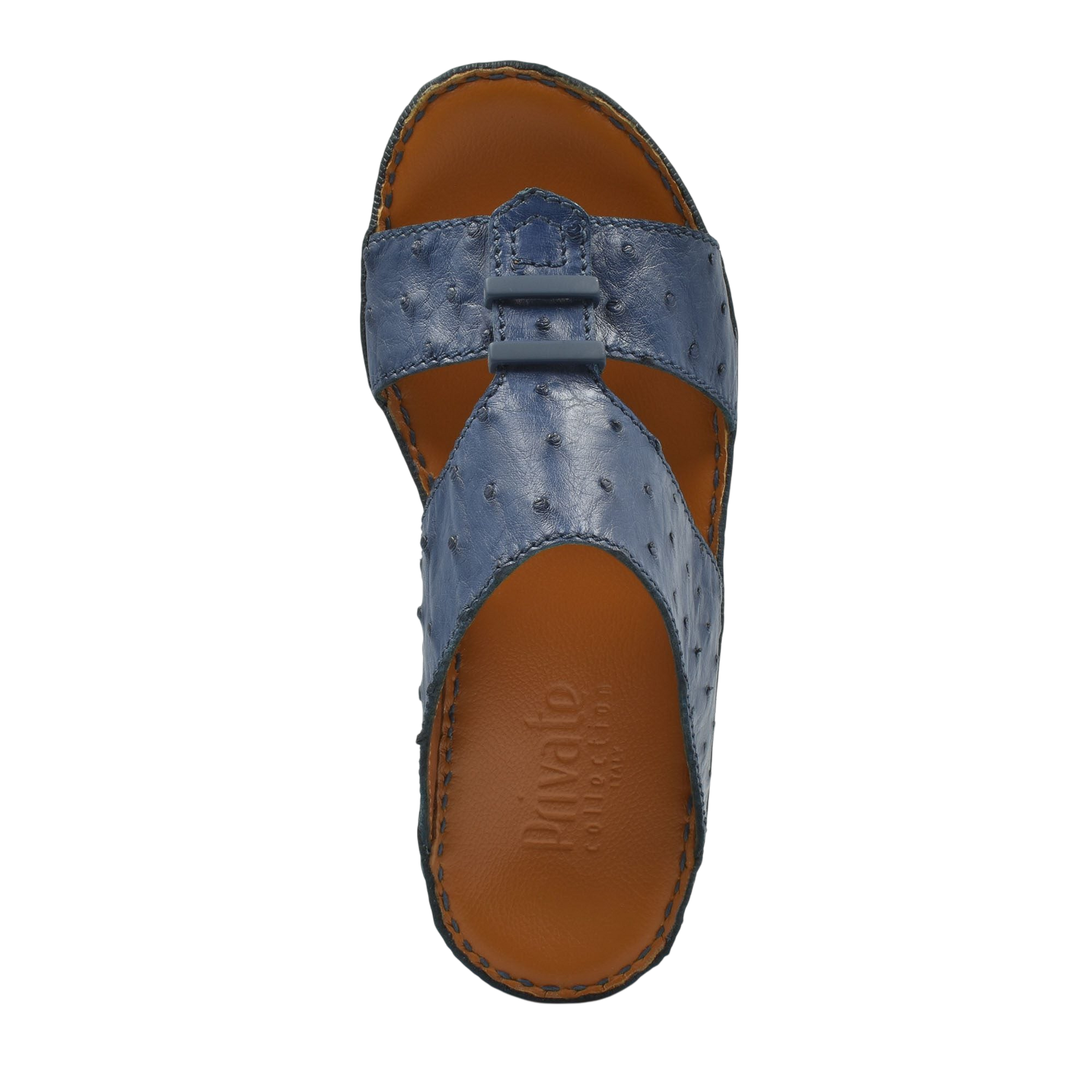 Blue luxury ostrich sandals with brown sole and adjustable strap from Private Collection