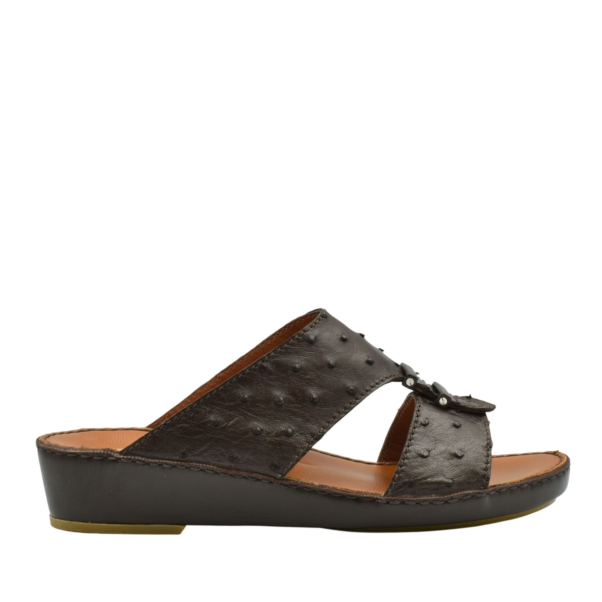Black luxury ostrich sandals with textured leather and open toe design from Private Collection