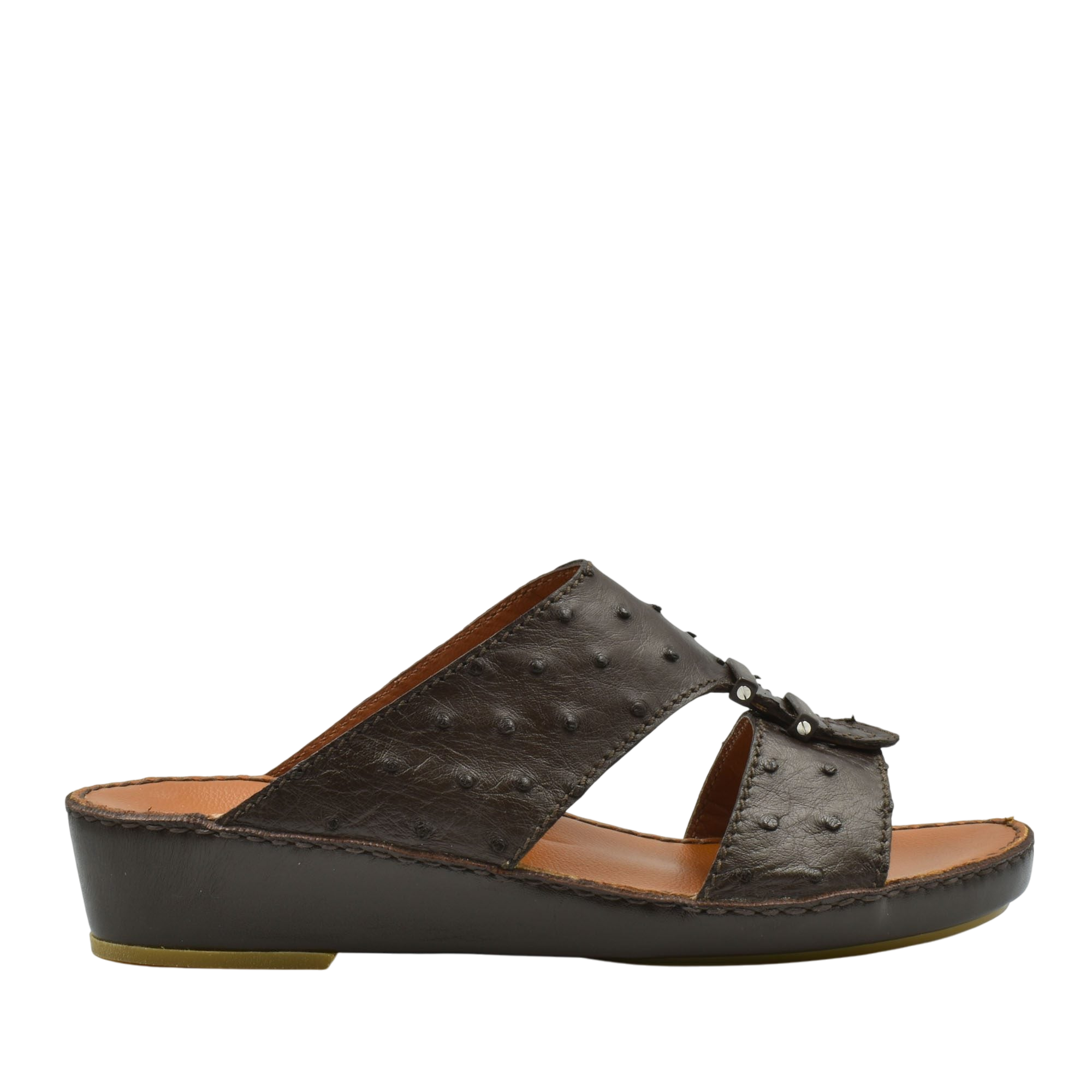 Black luxury ostrich sandals with textured leather and open toe design from Private Collection