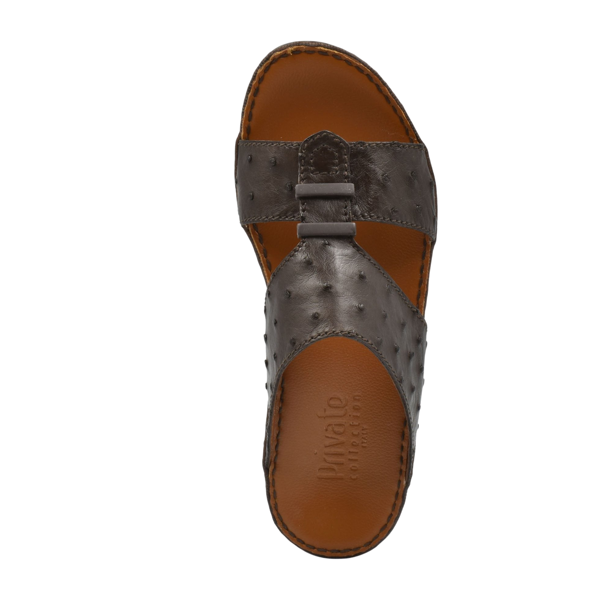 Top view of luxury ostrich sandals in dark brown leather with textured straps and cushioned sole