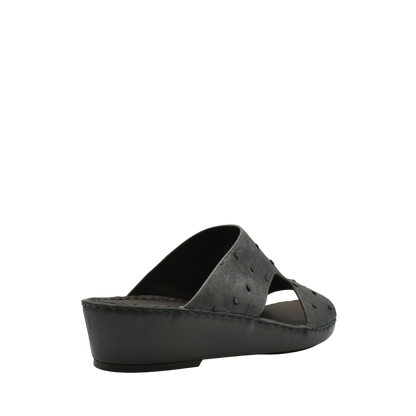 Black luxury ostrich sandals with crossover straps and wedge heel from Private Collection