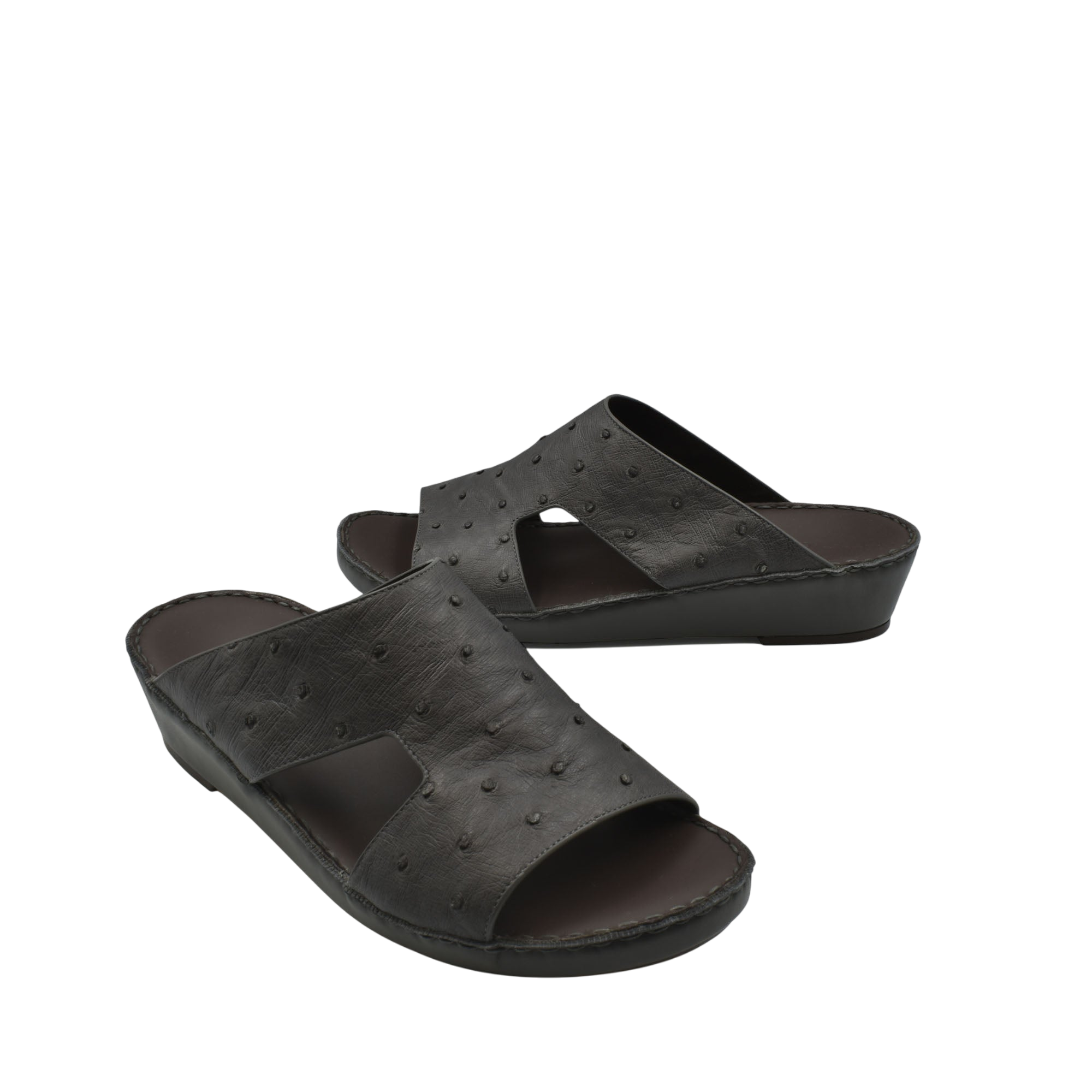 Black luxury ostrich sandals with open toe and low wedge heel for comfortable wear