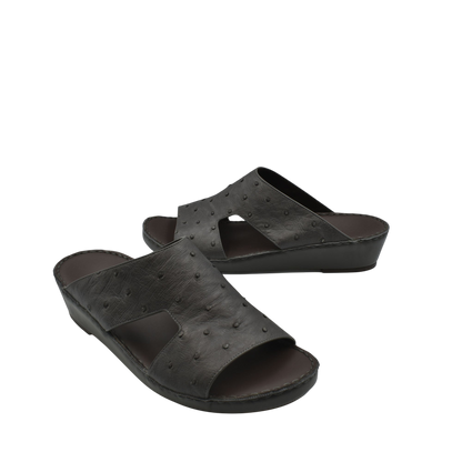 Black luxury ostrich sandals with open toe and low wedge heel for comfortable wear
