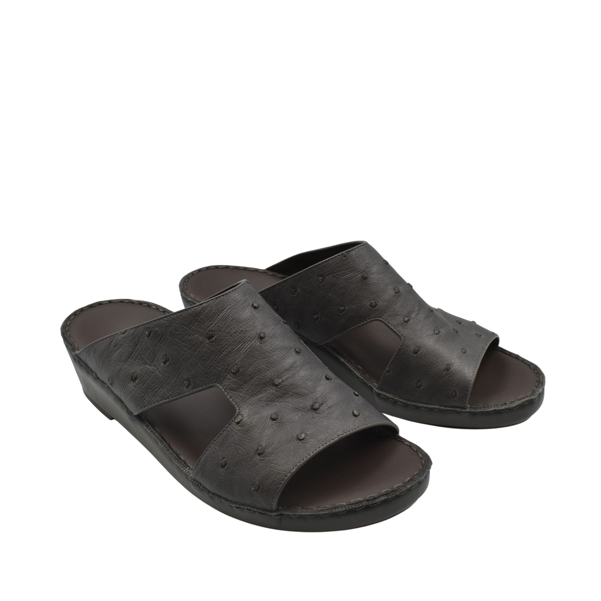 Black luxury ostrich sandals with open toe and textured leather design from private collection