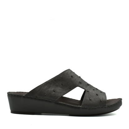 Black luxury ostrich sandals with wedge heel and textured leather upper from private collection