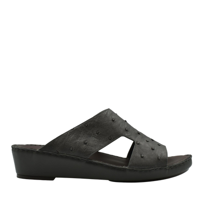 Black luxury ostrich sandals with wedge heel and textured leather upper from private collection