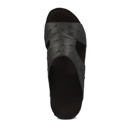 Black luxury ostrich sandals with textured leather upper and open toe design for men
