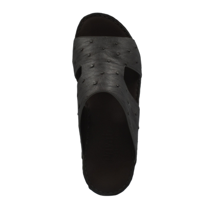 Black luxury ostrich sandals with textured leather upper and open toe design for men