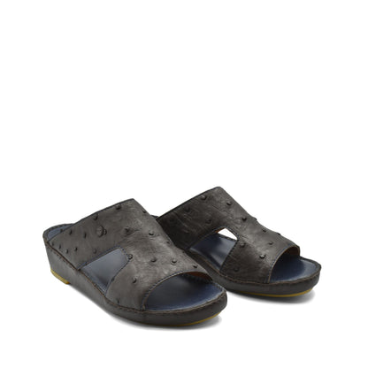 Pair of black luxury ostrich sandals with open toe and textured leather design