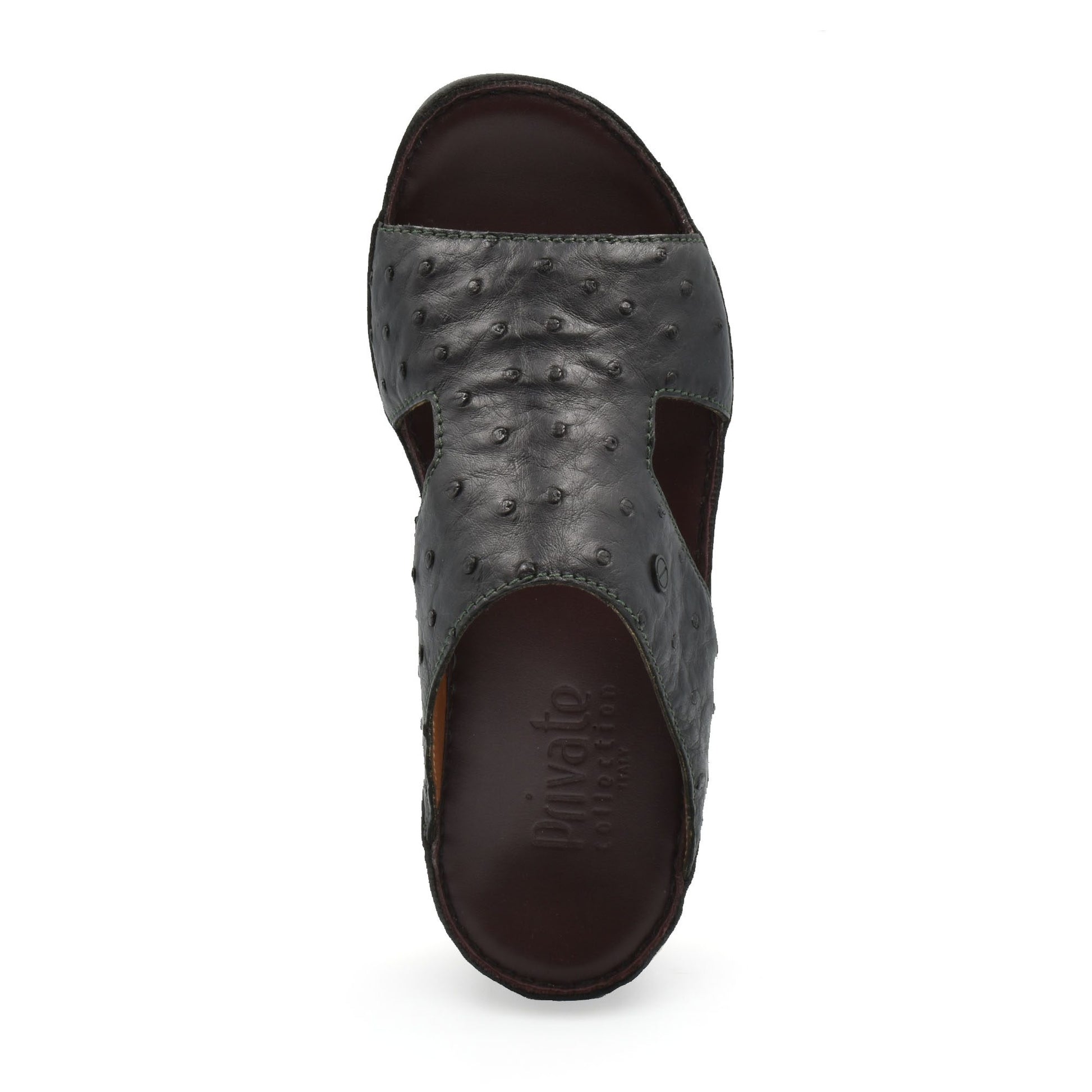 Top view of luxury ostrich sandals in dark brown leather from Private Collection