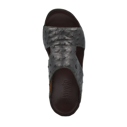 Top view of luxury ostrich sandals in dark brown leather from Private Collection