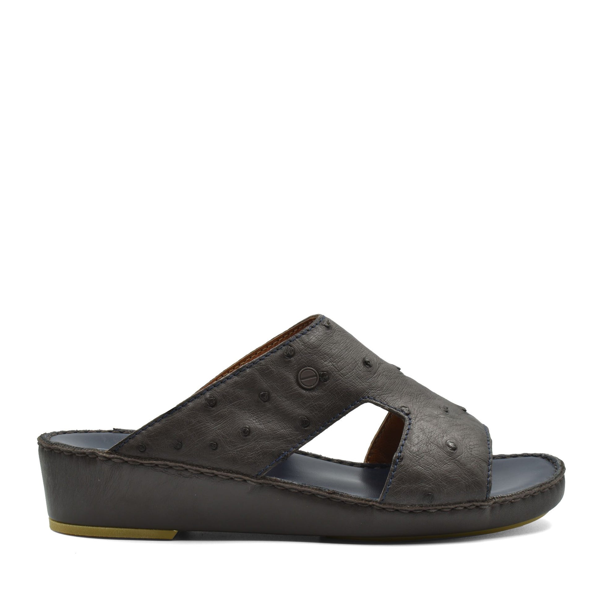 Luxury ostrich sandals in dark brown leather with open toe and comfortable wedge sole