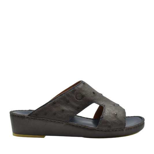Luxury ostrich sandals in dark brown leather with open toe and comfortable wedge sole