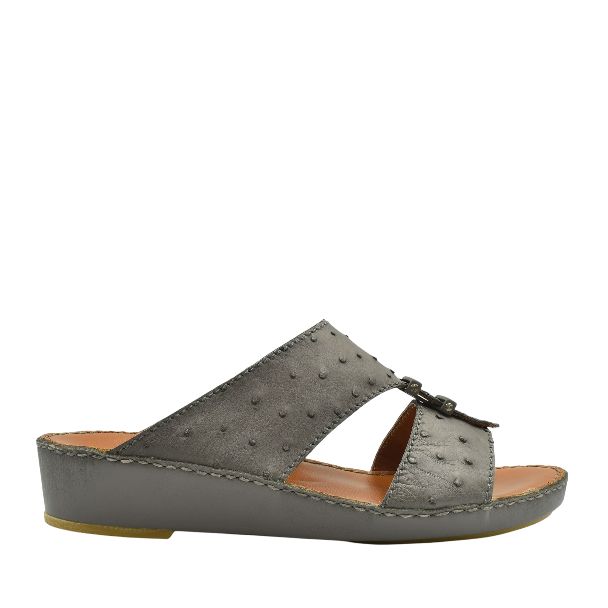 Gray luxury ostrich sandals with wedge heel and textured leather upper from Private Collection