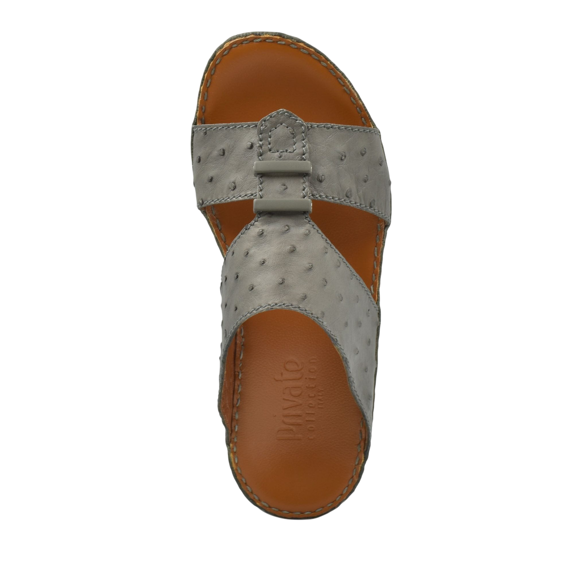 Top view of luxury ostrich sandals in gray with tan leather sole and detailed stitching