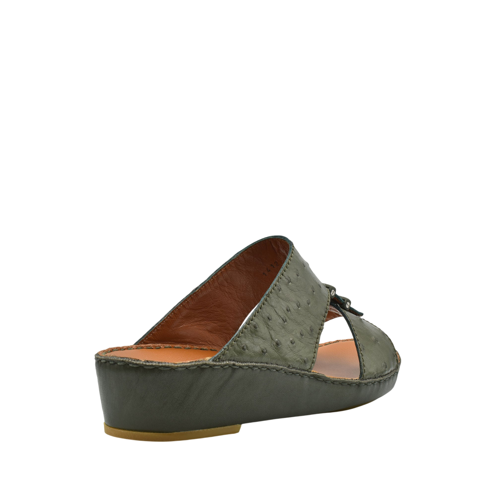 Green luxury ostrich sandals with wedge heel from private collection shown from side angle