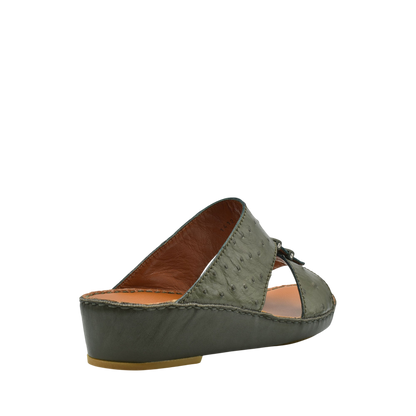 Green luxury ostrich sandals with wedge heel from private collection shown from side angle