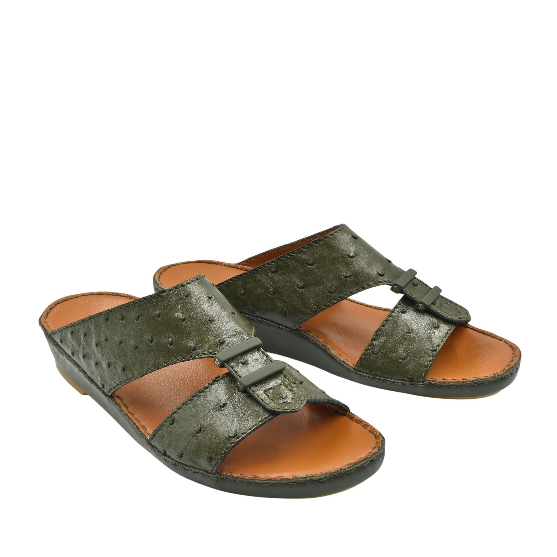 Green luxury ostrich sandals with tan leather footbed and adjustable straps for comfort