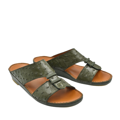 Green luxury ostrich sandals with tan leather footbed and adjustable straps for comfort