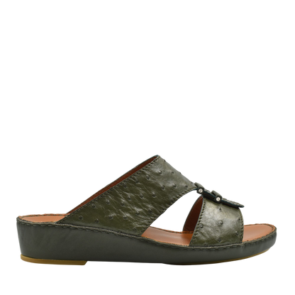 Olive green luxury ostrich sandals with open toe and adjustable buckle on wedge sole