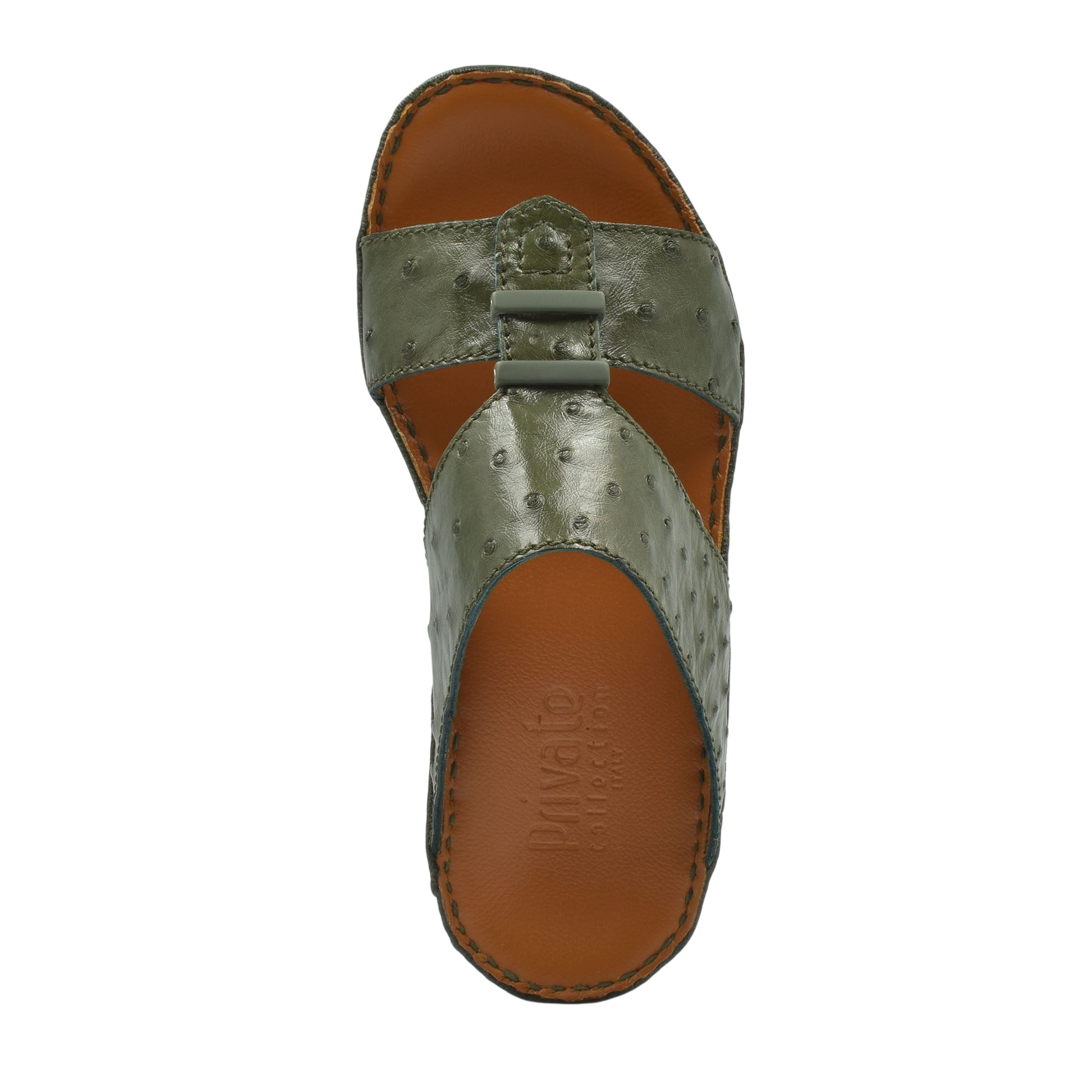 Top view of luxury ostrich sandals in olive green with leather sole from Private Collection
