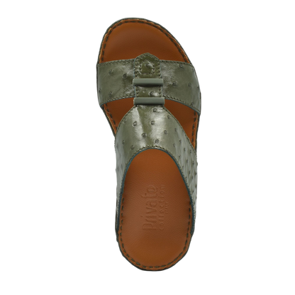 Top view of luxury ostrich sandals in olive green with leather sole from Private Collection