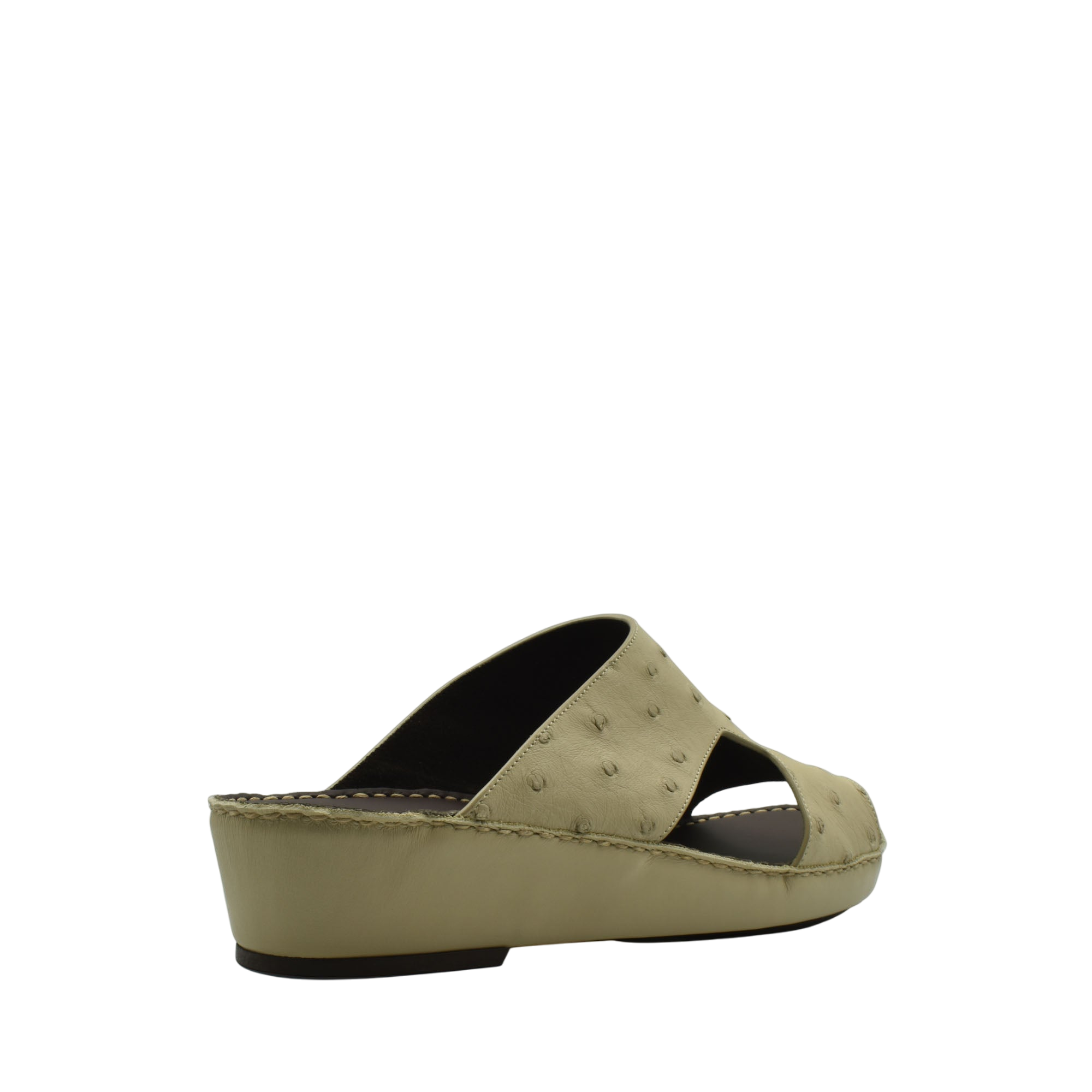 Beige luxury ostrich sandals with wedge heel and open toe design from private collection