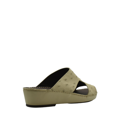 Beige luxury ostrich sandals with wedge heel and open toe design from private collection