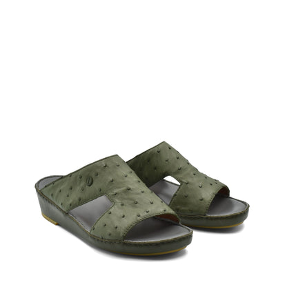 Green luxury ostrich sandals with open toe and cushioned sole from private collection