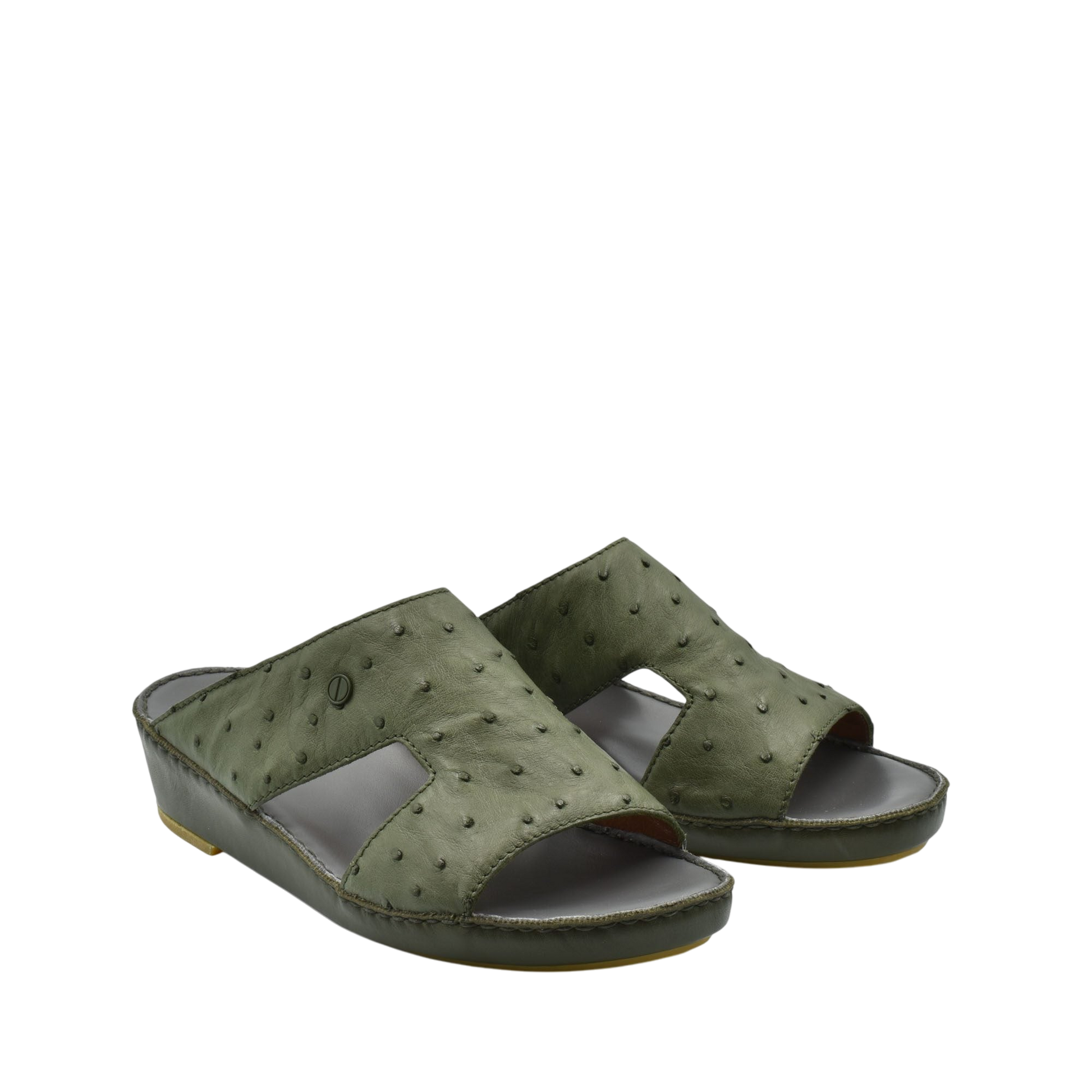 Green luxury ostrich sandals with open toe and cushioned sole from private collection