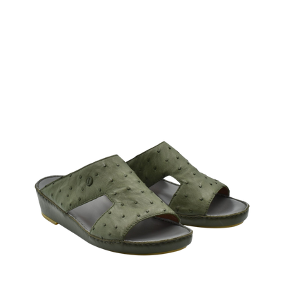 Green luxury ostrich sandals with open toe and cushioned sole from private collection