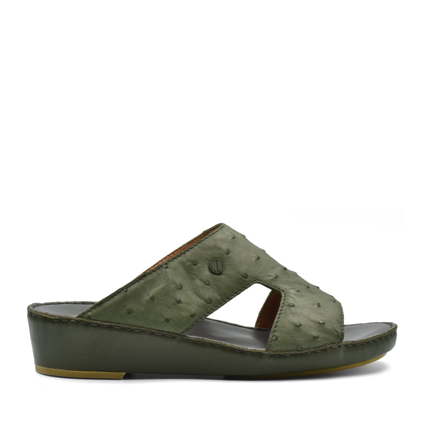 Olive green luxury ostrich sandals with wedge sole and open toe design from Private Collection