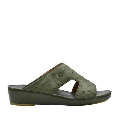 Olive green luxury ostrich sandals with wedge sole and open toe design from Private Collection