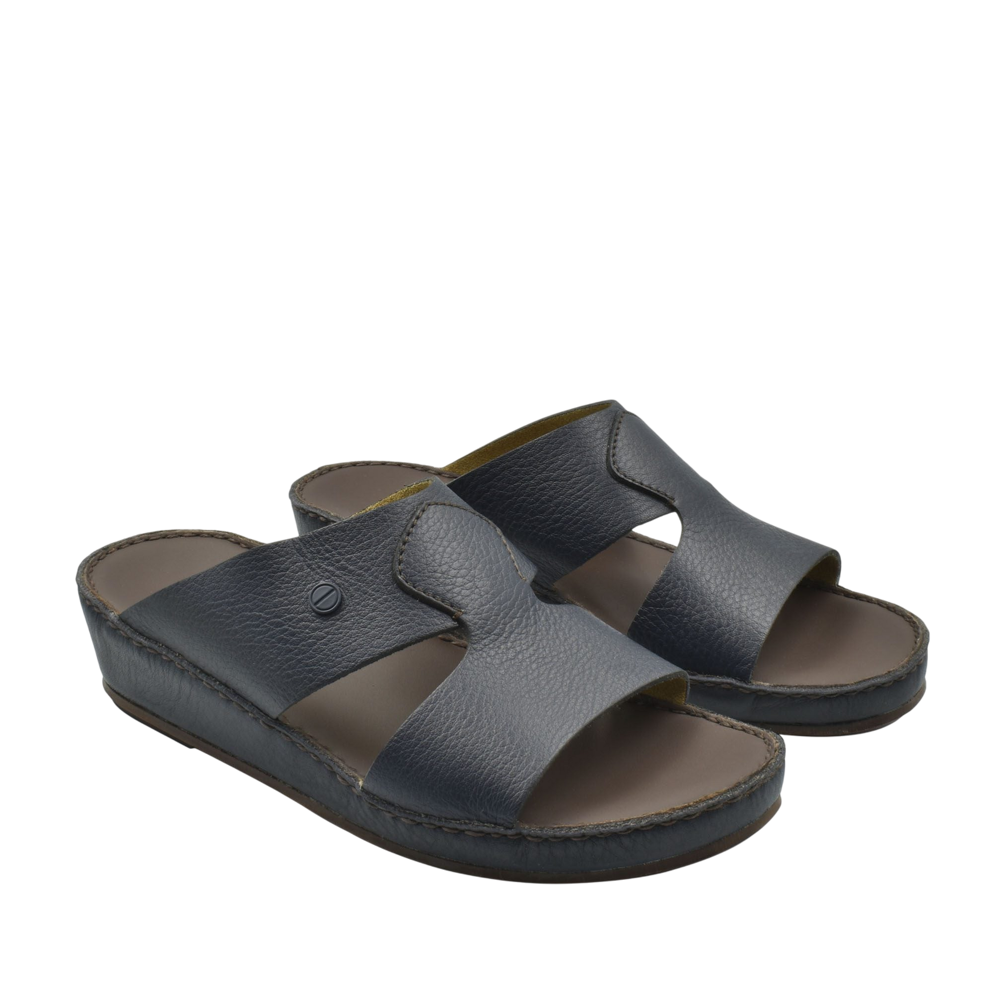 Black leather luxury slip-on footwear with open toe and cushioned sole for comfortable wear