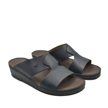 Black leather luxury slip-on footwear with open toe and cushioned sole for comfortable wear