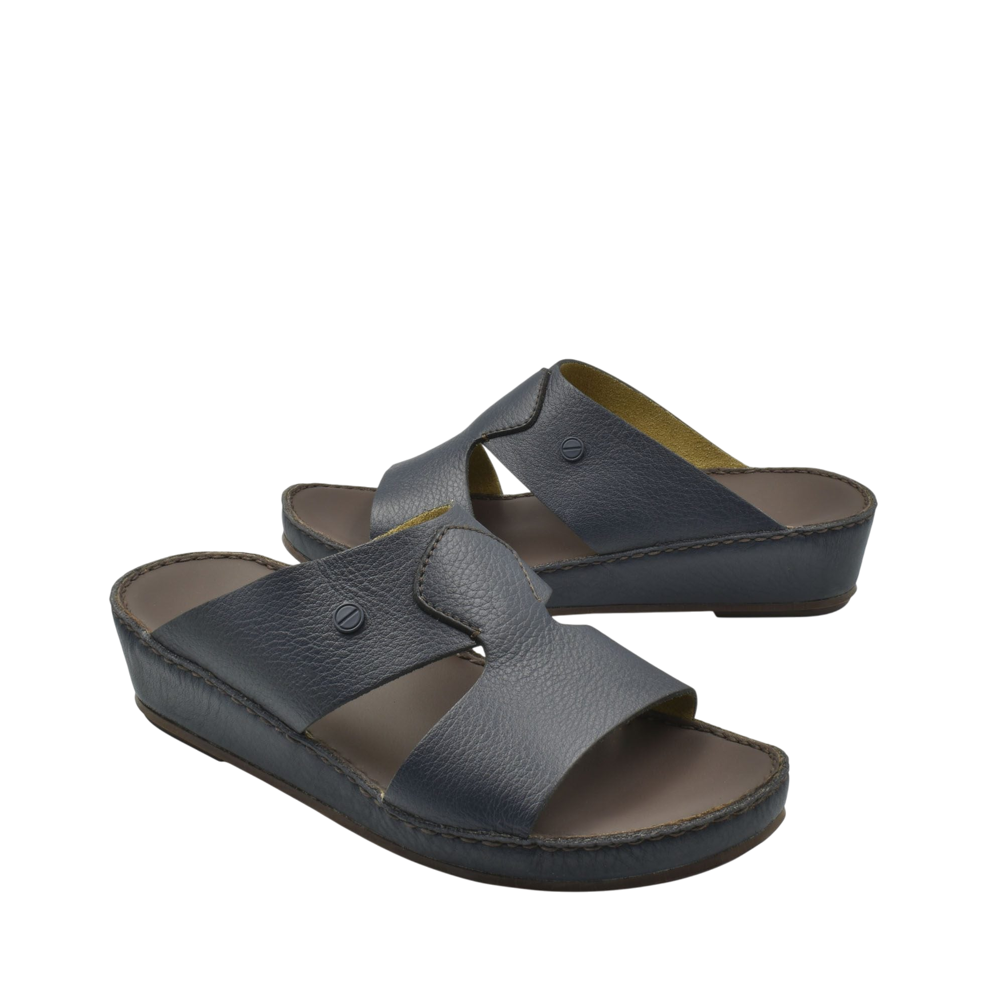 Black leather luxury slip-on footwear with open toe and cushioned sole for comfort