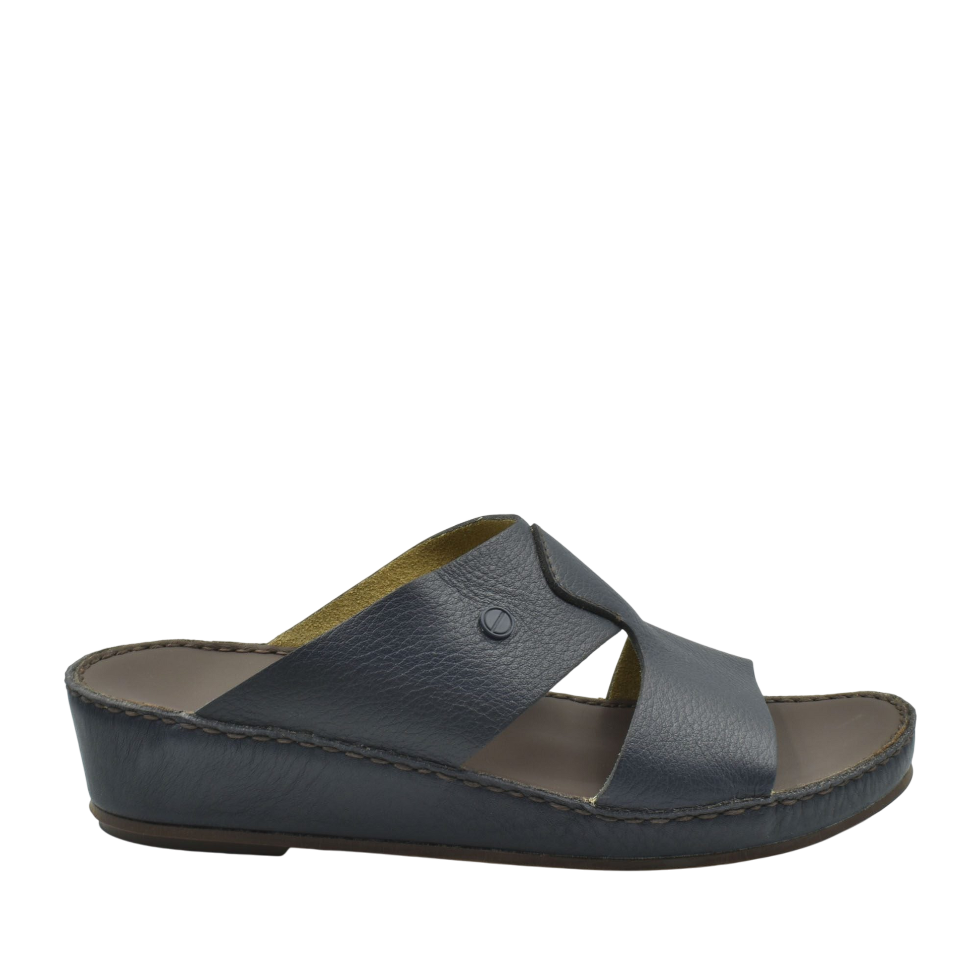 Black luxury slip-on footwear with cushioned sole and wide leather straps for comfort
