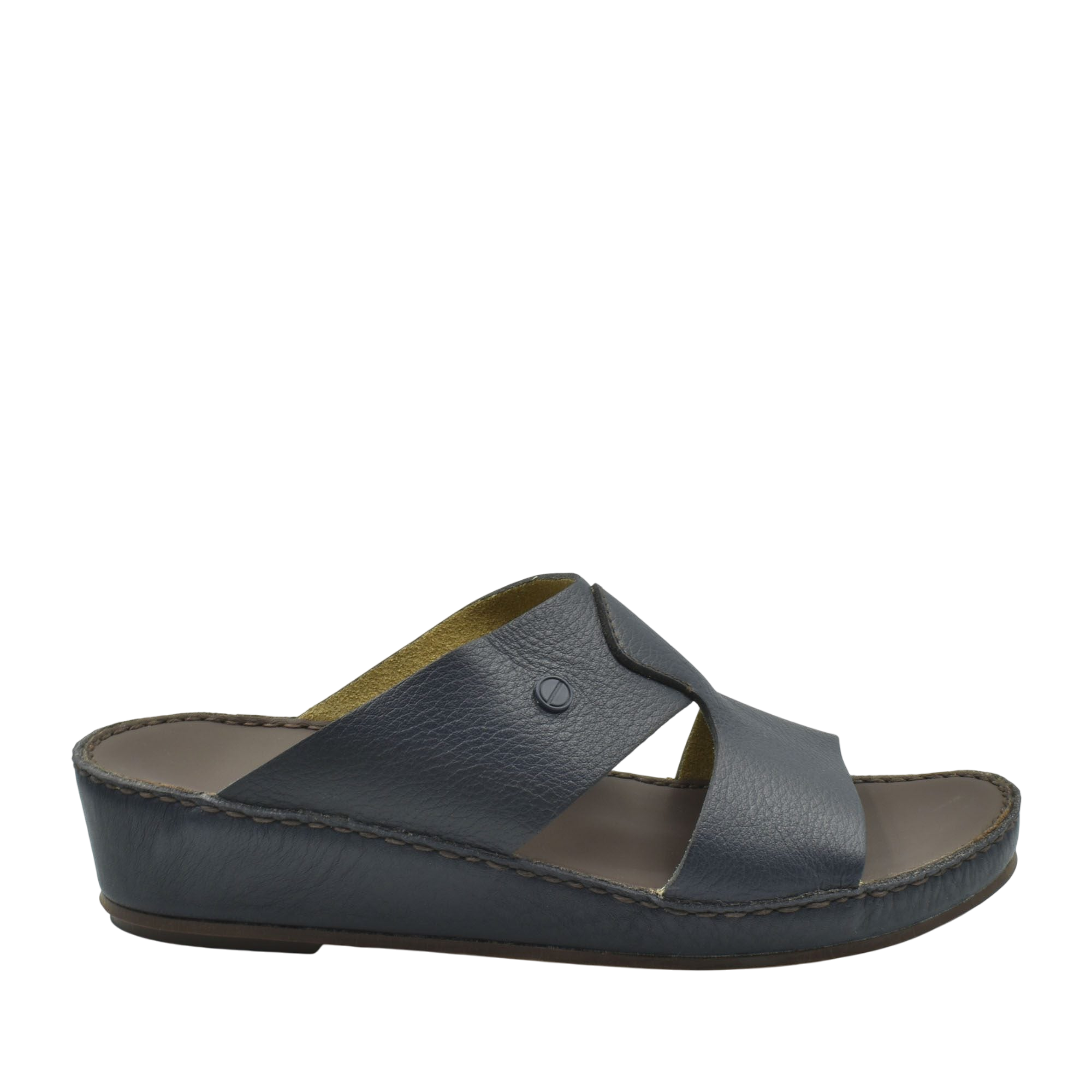 Black luxury slip-on footwear with cushioned sole and wide leather straps for comfort